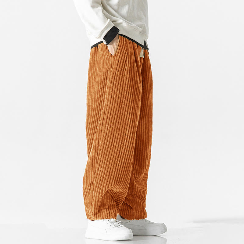 Buddha Stones Retro Winter Solid Color Men's Drawstring Corduroy Harem Pants With Pockets