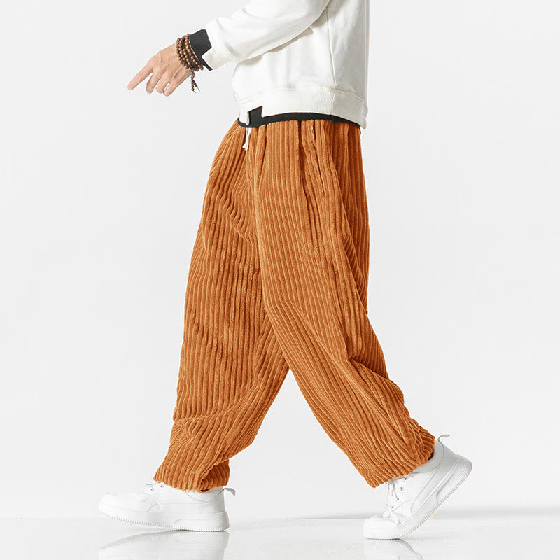Buddha Stones Retro Winter Solid Color Men's Drawstring Corduroy Harem Pants With Pockets