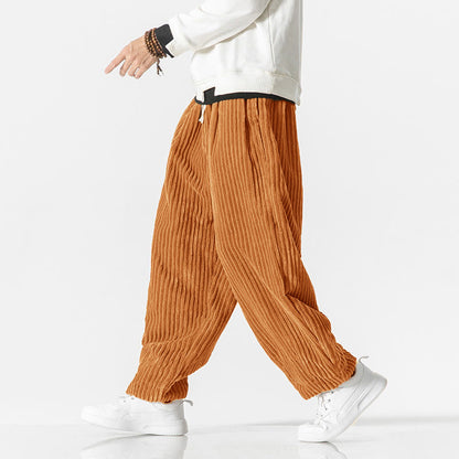 Buddha Stones Retro Winter Solid Color Men's Drawstring Corduroy Harem Pants With Pockets