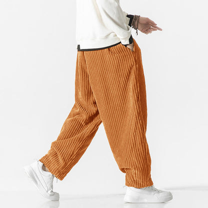 Buddha Stones Retro Winter Solid Color Men's Drawstring Corduroy Harem Pants With Pockets