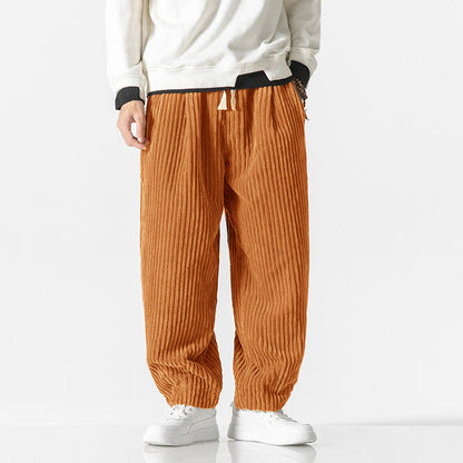 Buddha Stones Retro Winter Solid Color Men's Drawstring Corduroy Harem Pants With Pockets