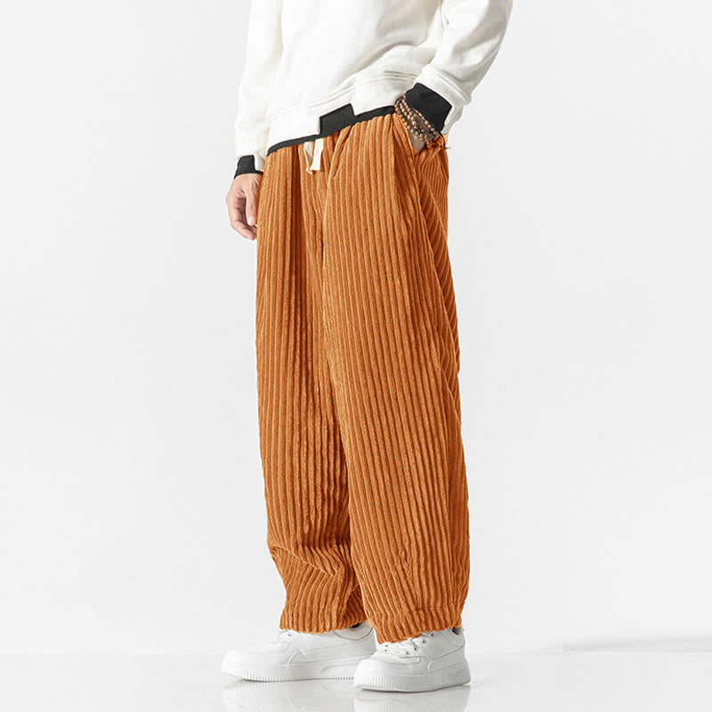 Buddha Stones Retro Winter Solid Color Men's Drawstring Corduroy Harem Pants With Pockets