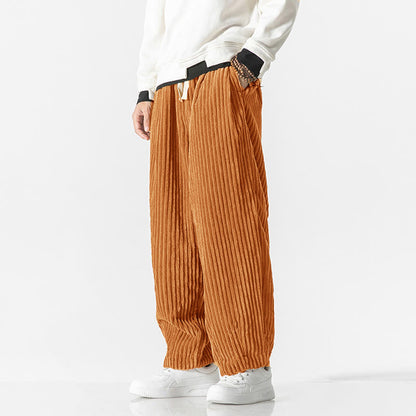 Buddha Stones Retro Winter Solid Color Men's Drawstring Corduroy Harem Pants With Pockets