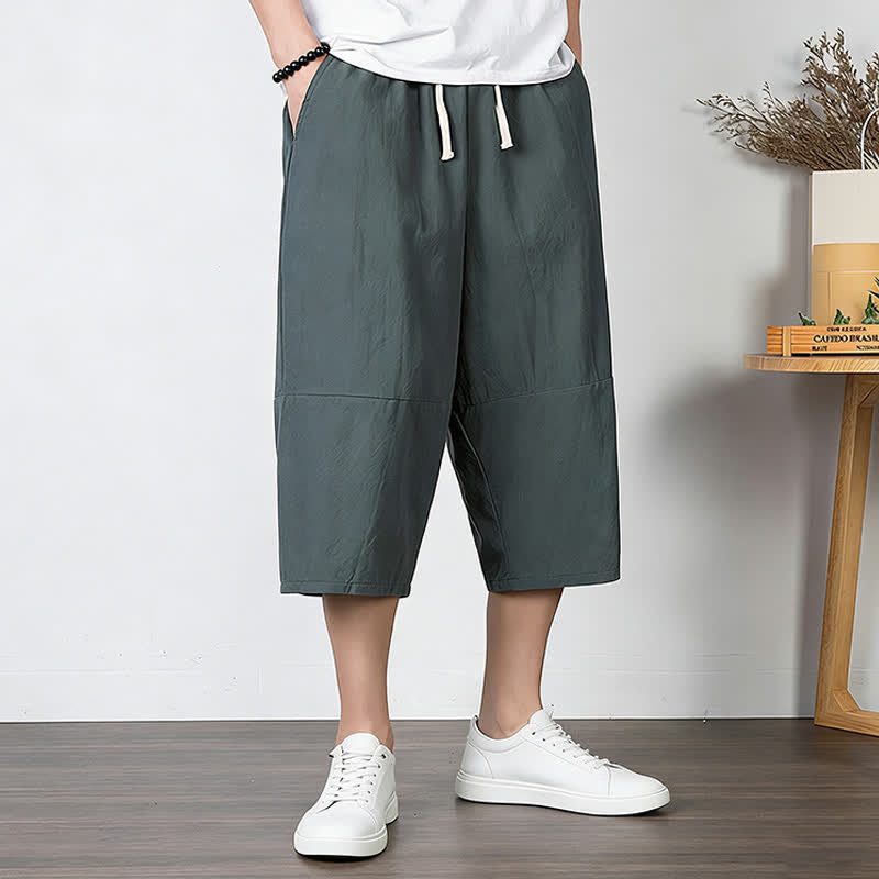 Buddha Stones Plain Drawstring Capri Length Men's Cotton Linen Harem Pants With Pockets