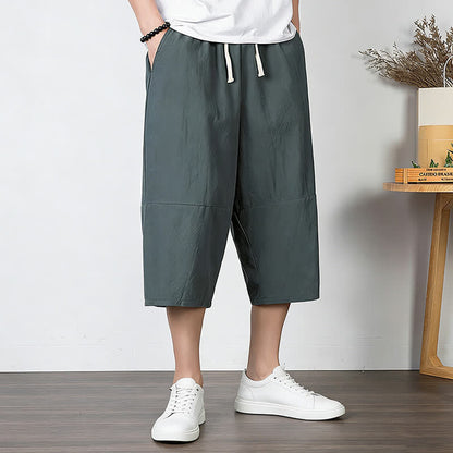 Buddha Stones Plain Drawstring Capri Length Men's Cotton Linen Harem Pants With Pockets