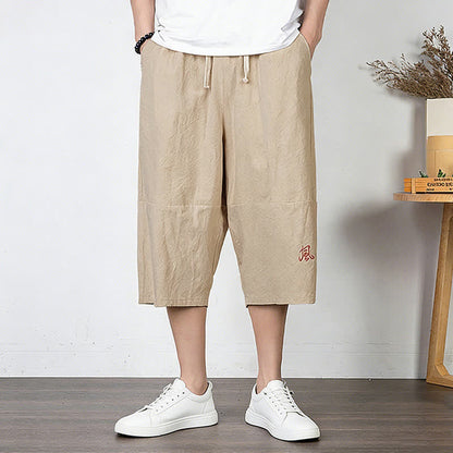 Buddha Stones Plain Drawstring Capri Length Men's Cotton Linen Harem Pants With Pockets