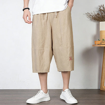 Buddha Stones Plain Drawstring Capri Length Men's Cotton Linen Harem Pants With Pockets