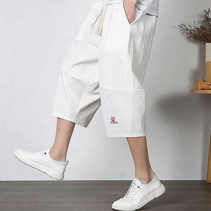 Buddha Stones Plain Drawstring Capri Length Men's Cotton Linen Harem Pants With Pockets