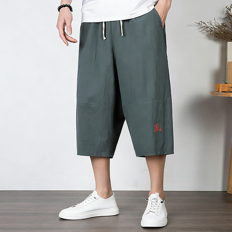 Buddha Stones Plain Drawstring Capri Length Men's Cotton Linen Harem Pants With Pockets