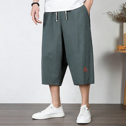 Buddha Stones Plain Drawstring Capri Length Men's Cotton Linen Harem Pants With Pockets