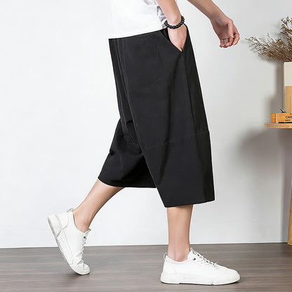 Buddha Stones Plain Drawstring Capri Length Men's Cotton Linen Harem Pants With Pockets