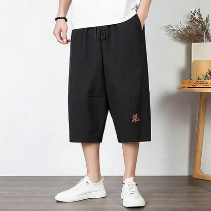 Buddha Stones Plain Drawstring Capri Length Men's Cotton Linen Harem Pants With Pockets