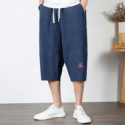 Buddha Stones Plain Drawstring Capri Length Men's Cotton Linen Harem Pants With Pockets