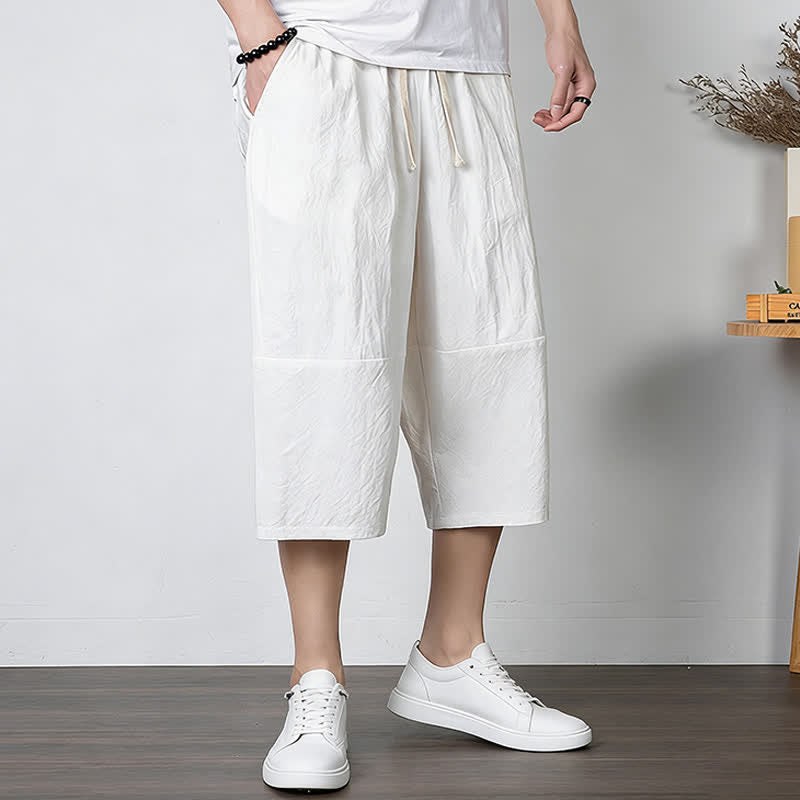 Buddha Stones Plain Drawstring Capri Length Men's Cotton Linen Harem Pants With Pockets