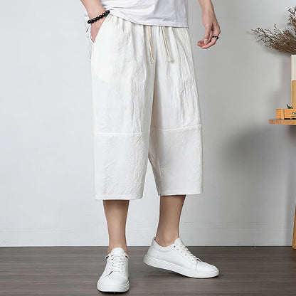 Buddha Stones Plain Drawstring Capri Length Men's Cotton Linen Harem Pants With Pockets
