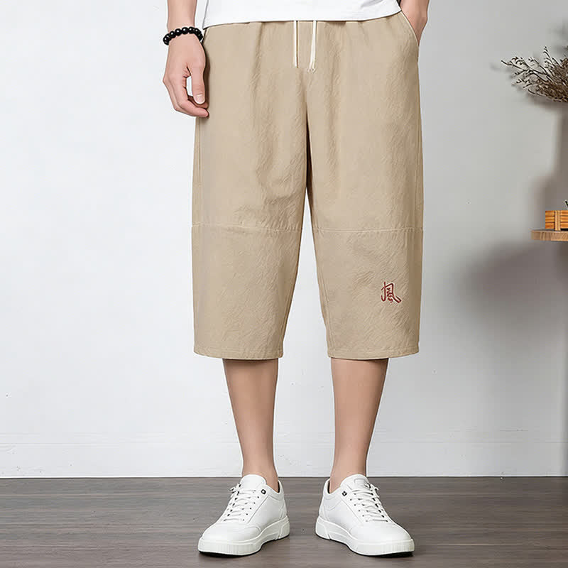 Buddha Stones Plain Drawstring Capri Length Men's Cotton Linen Harem Pants With Pockets