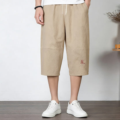 Buddha Stones Plain Drawstring Capri Length Men's Cotton Linen Harem Pants With Pockets