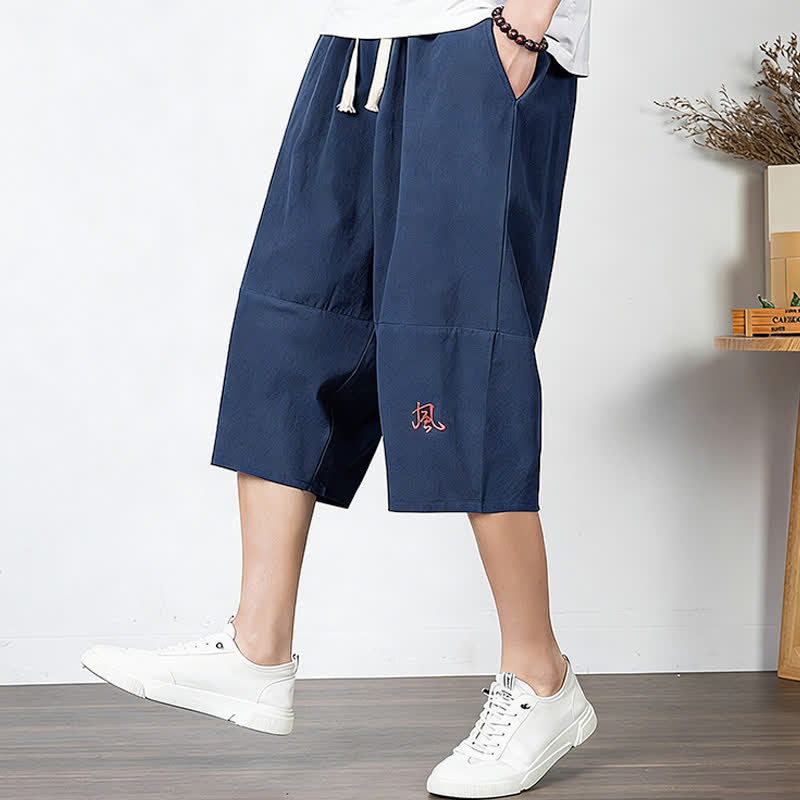 Buddha Stones Plain Drawstring Capri Length Men's Cotton Linen Harem Pants With Pockets