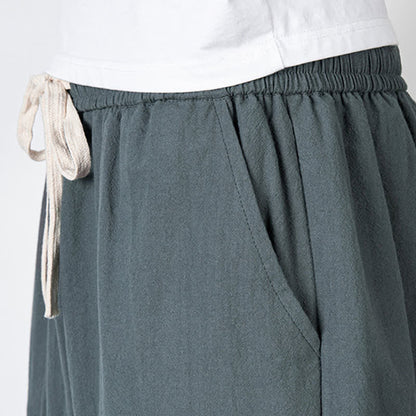 Buddha Stones Plain Drawstring Capri Length Men's Cotton Linen Harem Pants With Pockets