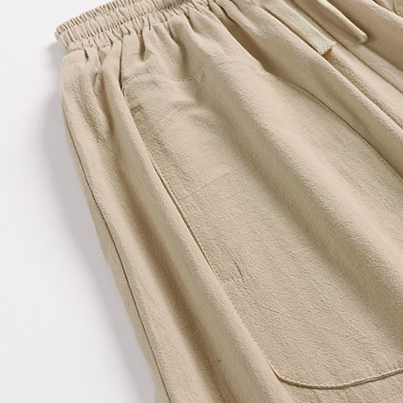 Buddha Stones Plain Drop Crotch Design Cotton Linen Men's Harem 7-8 Length Pants