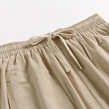 Buddha Stones Plain Drop Crotch Design Cotton Linen Men's Harem 7-8 Length Pants