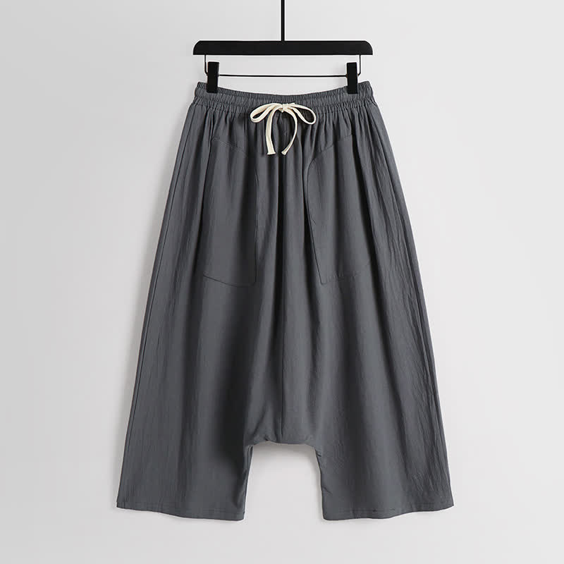 Buddha Stones Plain Drop Crotch Design Cotton Linen Men's Harem 7-8 Length Pants