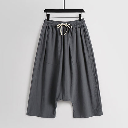 Buddha Stones Plain Drop Crotch Design Cotton Linen Men's Harem 7-8 Length Pants