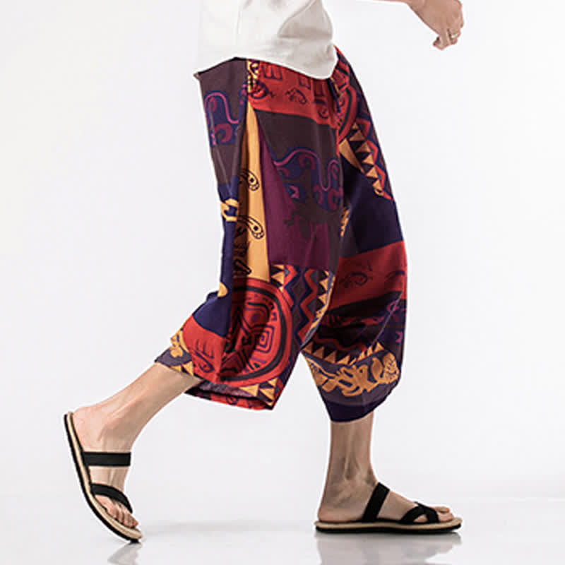 Buddha Stones Ethnic Printing Floral Geometric Pattern Men's Harem 7-8 Length Pants With Pockets