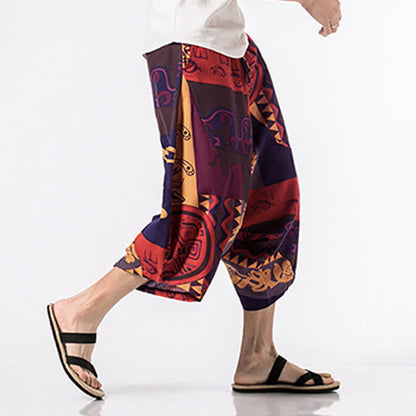 Buddha Stones Ethnic Printing Floral Geometric Pattern Men's Harem 7-8 Length Pants With Pockets