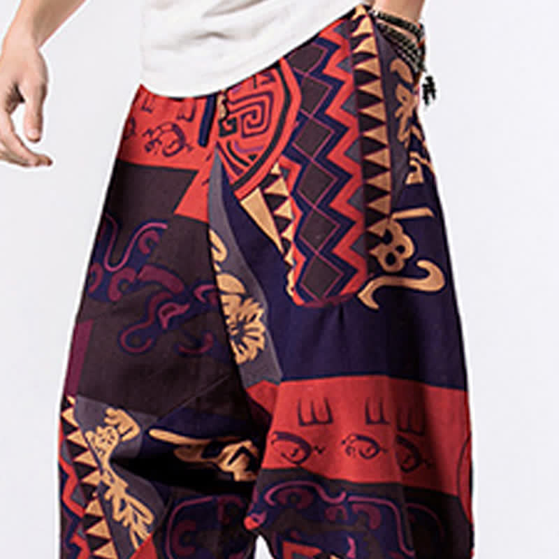 Buddha Stones Ethnic Printing Floral Geometric Pattern Men's Harem 7-8 Length Pants With Pockets