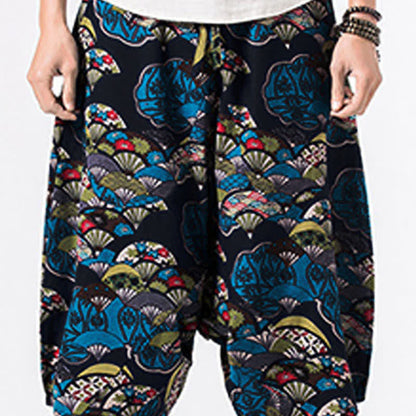 Buddha Stones Ethnic Printing Floral Geometric Pattern Men's Harem 7-8 Length Pants With Pockets