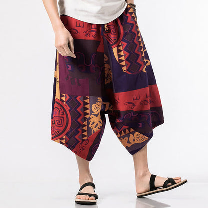 Buddha Stones Ethnic Printing Floral Geometric Pattern Men's Harem 7-8 Length Pants With Pockets