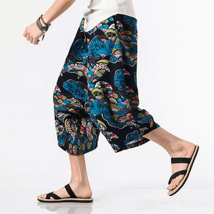 Buddha Stones Ethnic Printing Floral Geometric Pattern Men's Harem 7-8 Length Pants With Pockets