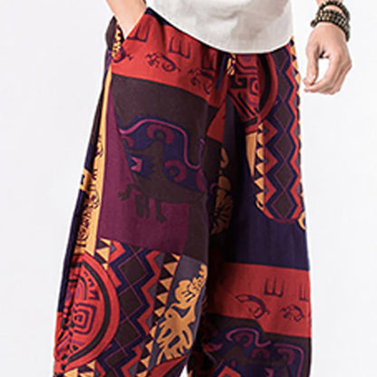 Buddha Stones Ethnic Printing Floral Geometric Pattern Men's Harem 7-8 Length Pants With Pockets