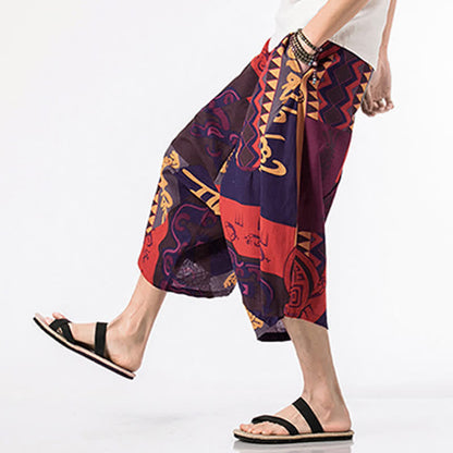 Buddha Stones Ethnic Printing Floral Geometric Pattern Men's Harem 7-8 Length Pants With Pockets