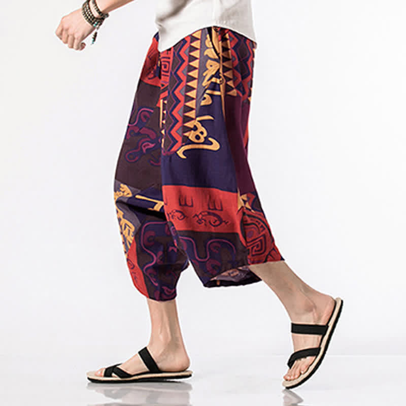 Buddha Stones Ethnic Printing Floral Geometric Pattern Men's Harem 7-8 Length Pants With Pockets