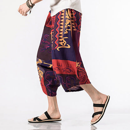 Buddha Stones Ethnic Printing Floral Geometric Pattern Men's Harem 7-8 Length Pants With Pockets