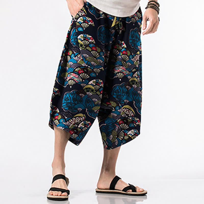 Buddha Stones Ethnic Printing Floral Geometric Pattern Men's Harem 7-8 Length Pants With Pockets