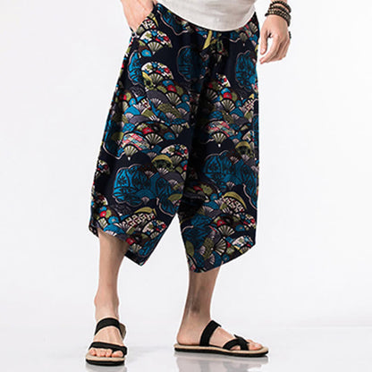 Buddha Stones Ethnic Printing Floral Geometric Pattern Men's Harem 7-8 Length Pants With Pockets