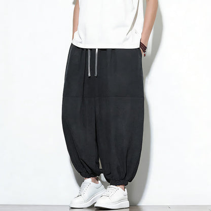 Buddha Stones Spring Solid Color Drawstring Cropped Men's Harem Cotton Pants With Pockets