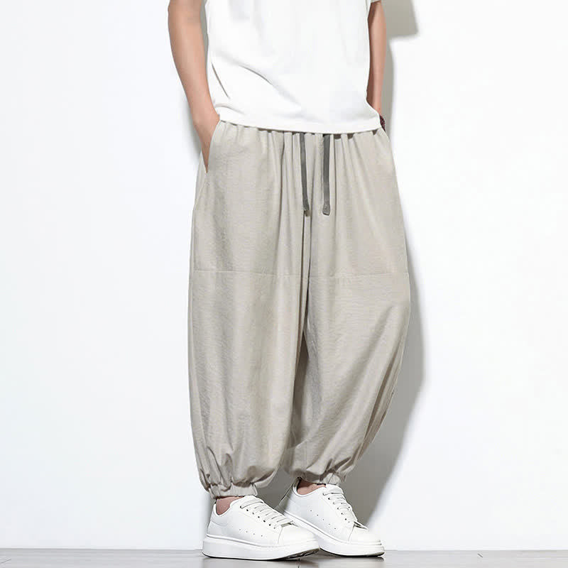 Buddha Stones Spring Solid Color Drawstring Cropped Men's Harem Cotton Pants With Pockets