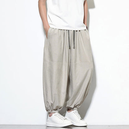 Buddha Stones Spring Solid Color Drawstring Cropped Men's Harem Cotton Pants With Pockets