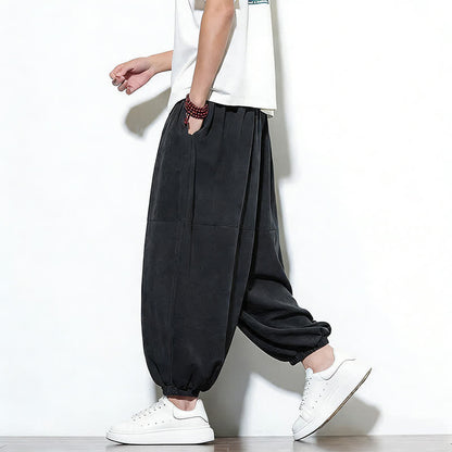 Buddha Stones Spring Solid Color Drawstring Cropped Men's Harem Cotton Pants With Pockets