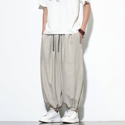 Buddha Stones Spring Solid Color Drawstring Cropped Men's Harem Cotton Pants With Pockets