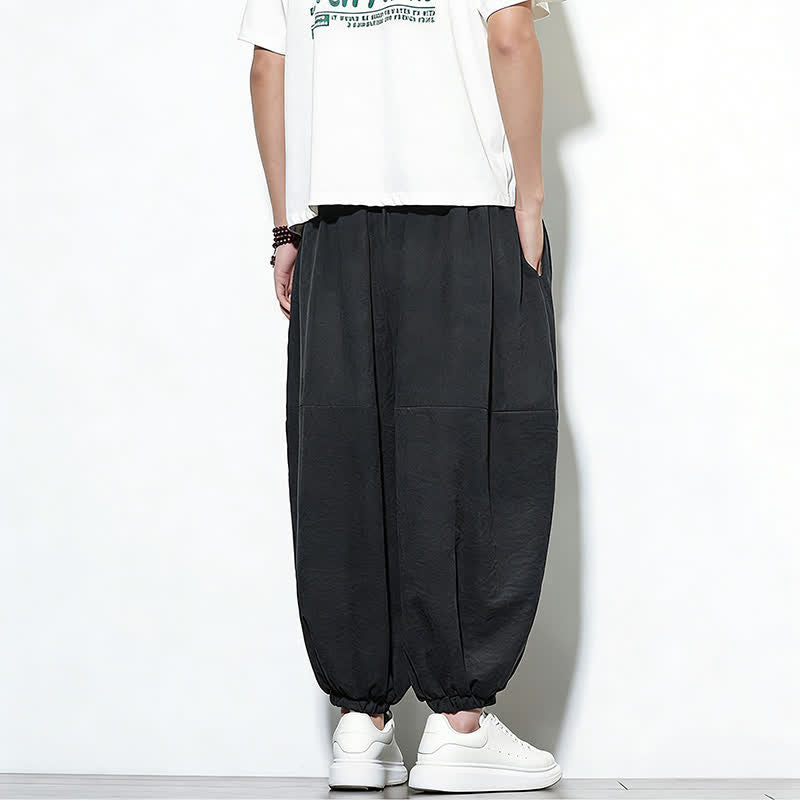 Buddha Stones Spring Solid Color Drawstring Cropped Men's Harem Cotton Pants With Pockets