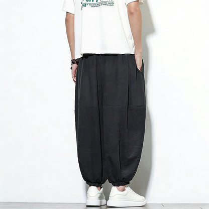 Buddha Stones Spring Solid Color Drawstring Cropped Men's Harem Cotton Pants With Pockets