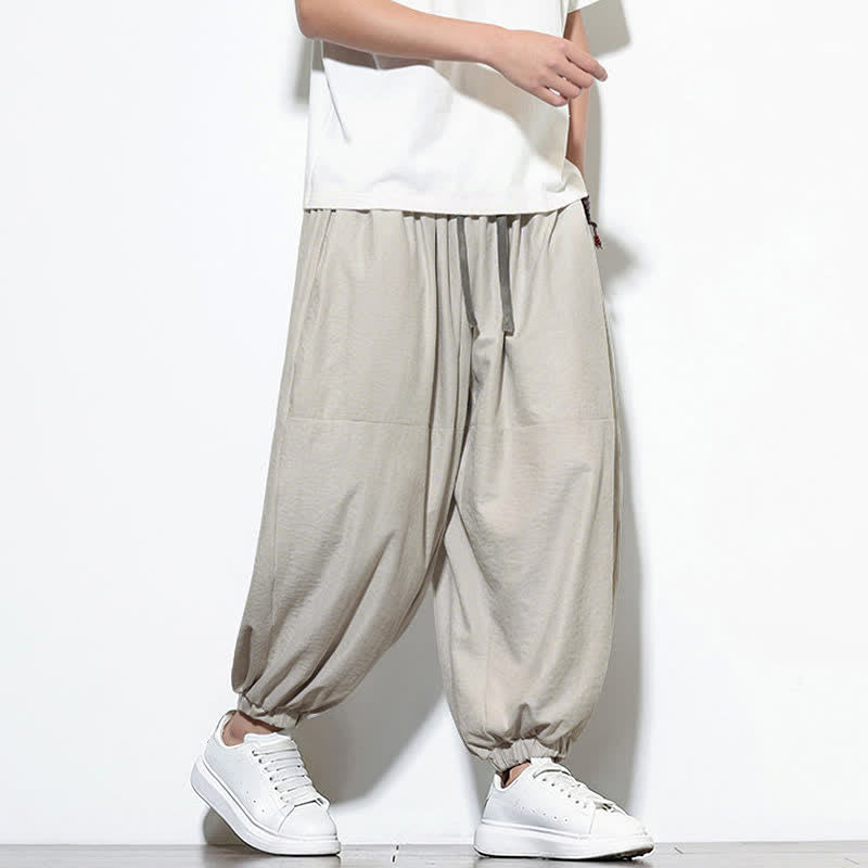 Buddha Stones Spring Solid Color Drawstring Cropped Men's Harem Cotton Pants With Pockets