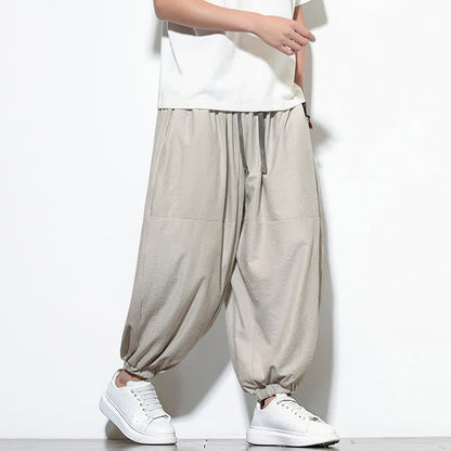 Buddha Stones Spring Solid Color Drawstring Cropped Men's Harem Cotton Pants With Pockets