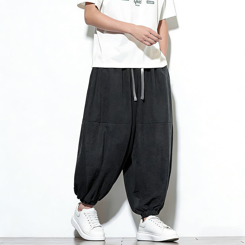 Buddha Stones Spring Solid Color Drawstring Cropped Men's Harem Cotton Pants With Pockets