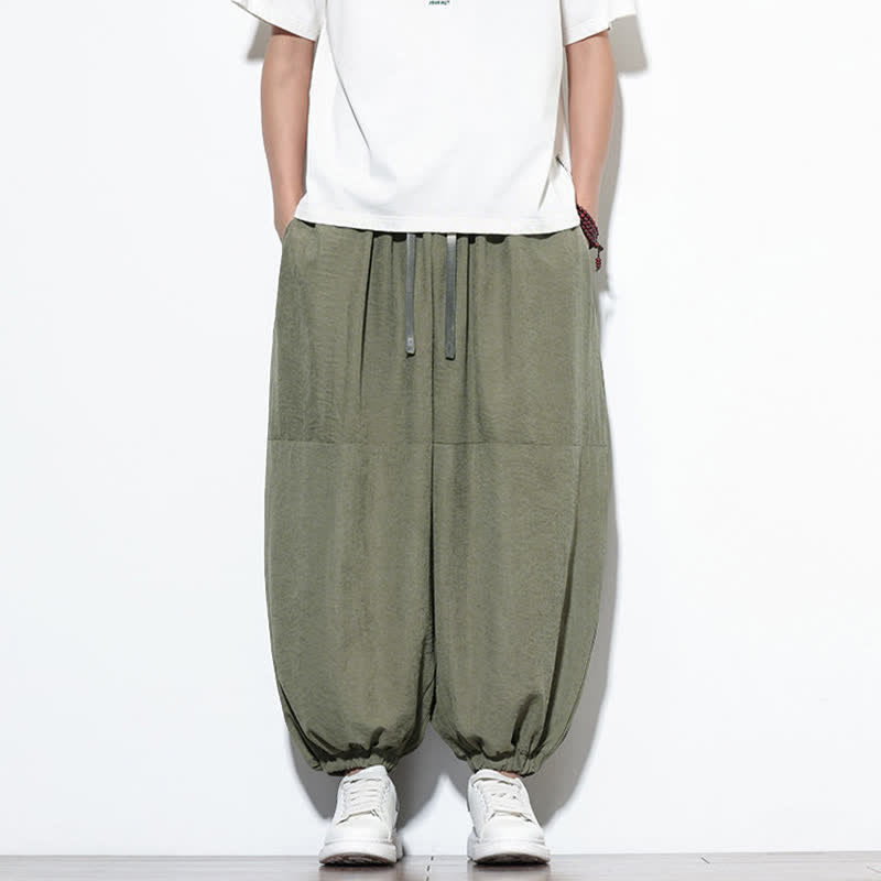 Buddha Stones Spring Solid Color Drawstring Cropped Men's Harem Cotton Pants With Pockets